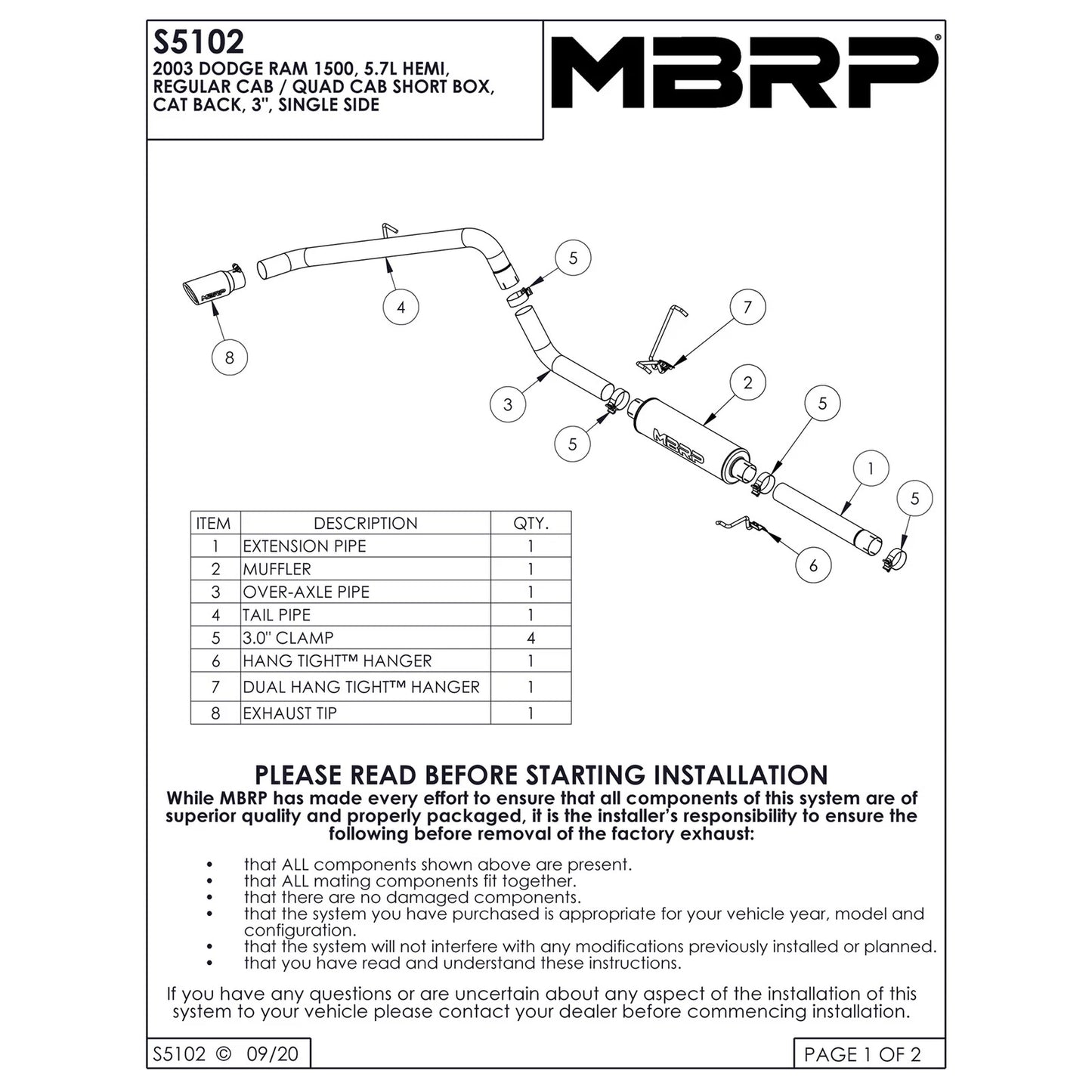 MBRP 3in. Cat-Back Single Side Exit Exhaust | Dodge Ram 1500 Hemi 5.7L SC/CC-SB (03) (S5102AL)