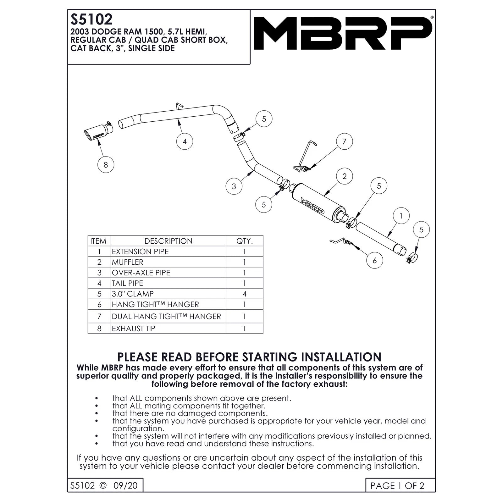 MBRP 3in. Cat-Back Single Side Exit Exhaust | Dodge Ram 1500 Hemi 5.7L SC/CC-SB (03) (S5102AL)