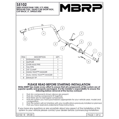 MBRP 3in. Cat-Back Single Side Exit Exhaust | Dodge Ram 1500 Hemi 5.7L SC/CC-SB (03) (S5102AL)