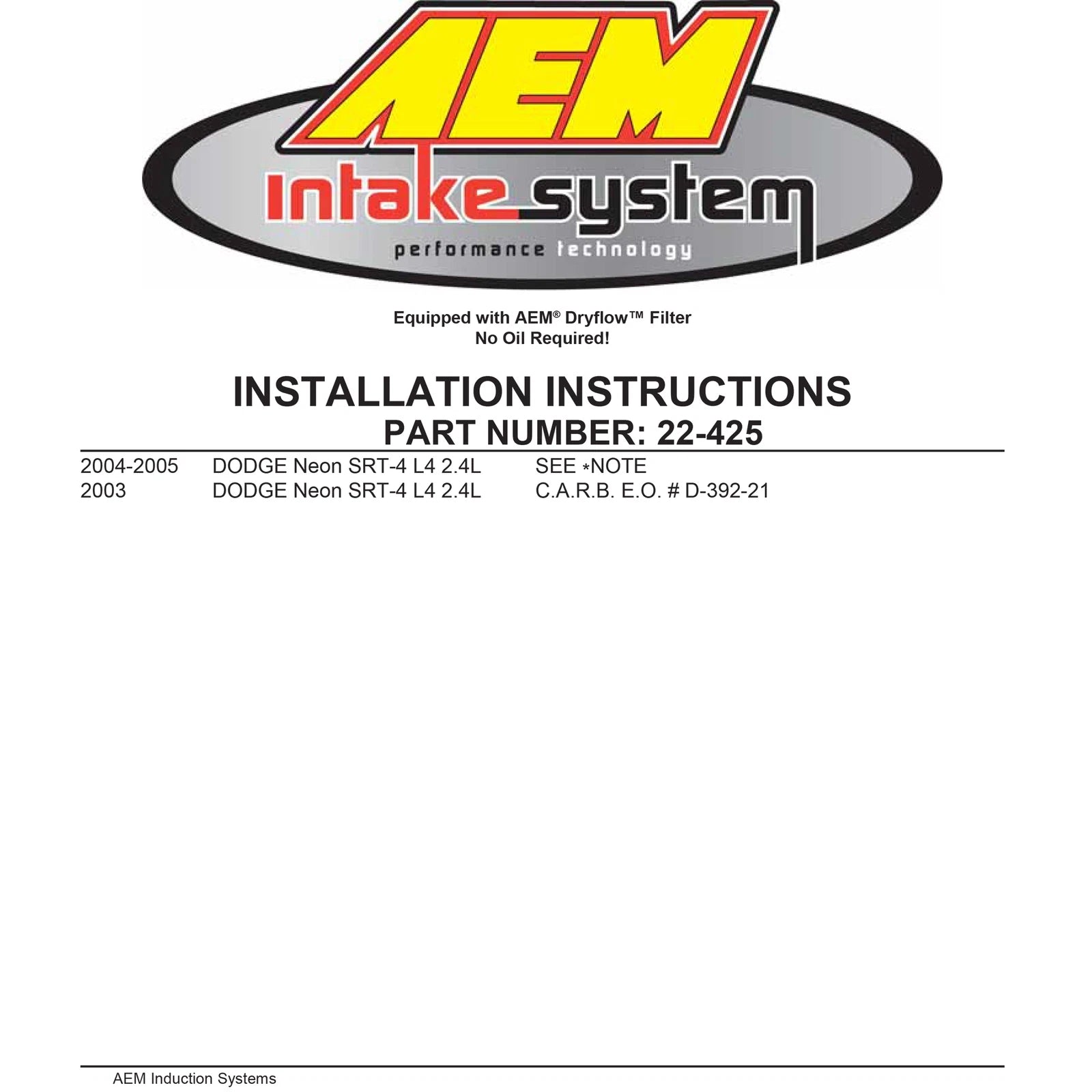AEM Short Ram Intake | Dodge Neon SRT-4 (03-05) (22-425P)
