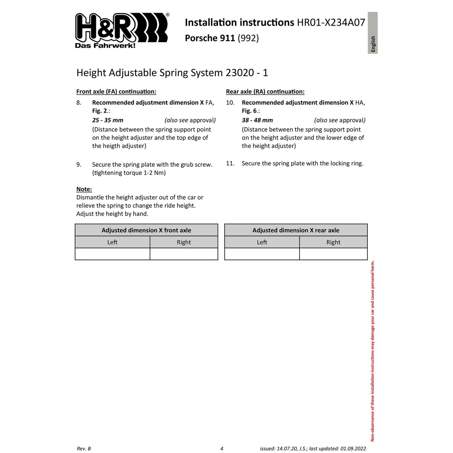 H&R VTF Adjustable Lowering Springs | Porsche 911 Carrera 2/2S/4/4S Cabrio/Coupe (20-22) (23020-1)