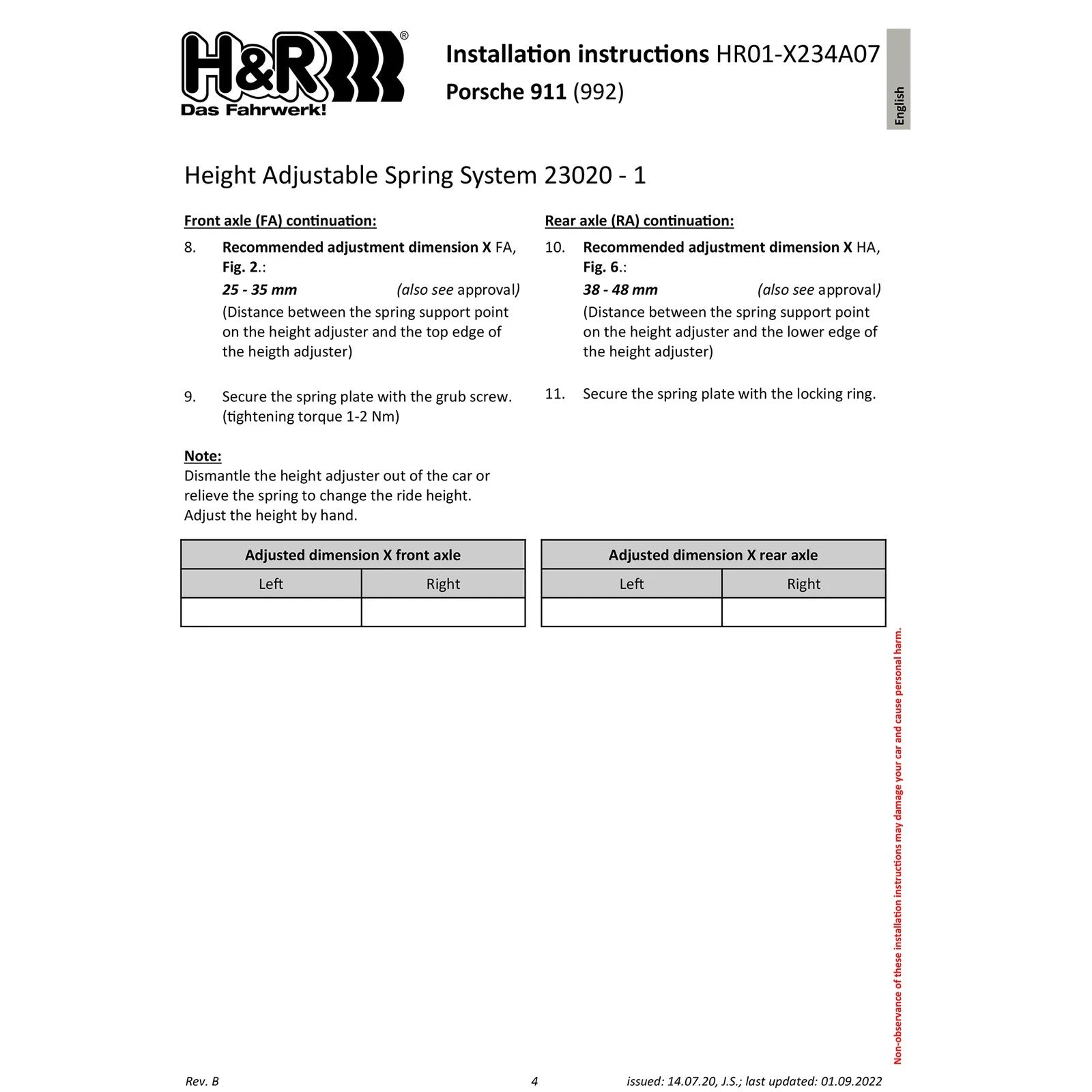 H&R VTF Adjustable Lowering Springs | Porsche 911 Carrera 2/2S/4/4S Cabrio/Coupe (20-22) (23020-1)