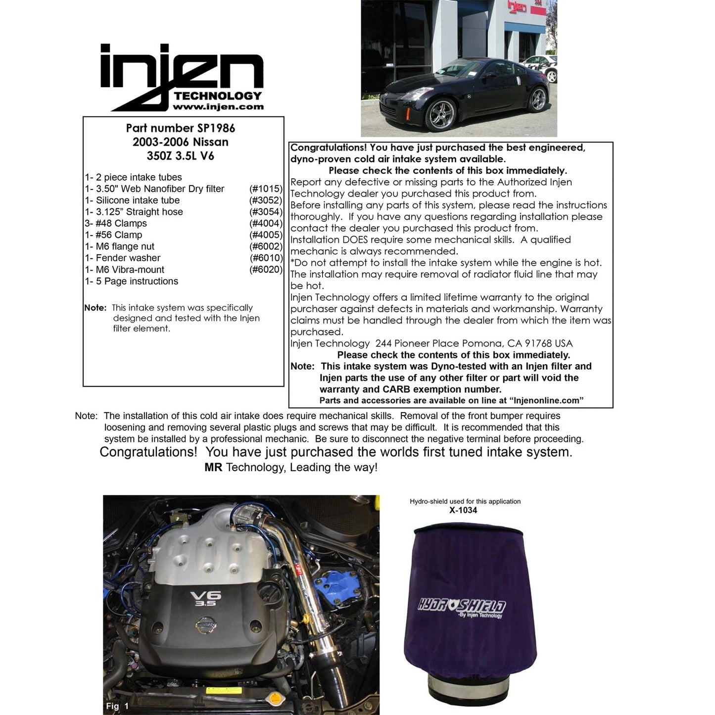 Injen Black Cold Air Intake System | Nissan 350Z (03-06) 3.5L V6 (SP1986BLK)