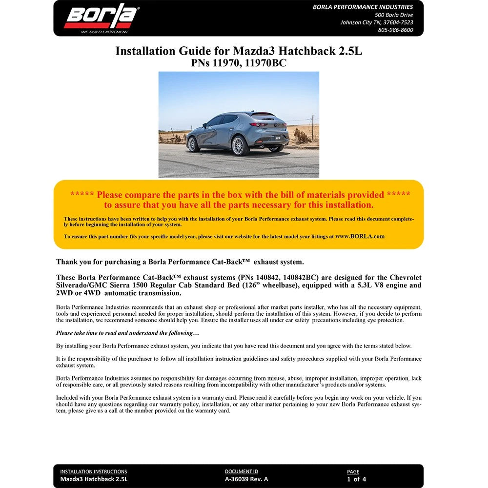 Borla 19-21 Mazda 3 2.0/2.5L S-Type Rear Axle-Back | Mazda 3 (19-26) / Tesla Model 3 (17-26) (11970)