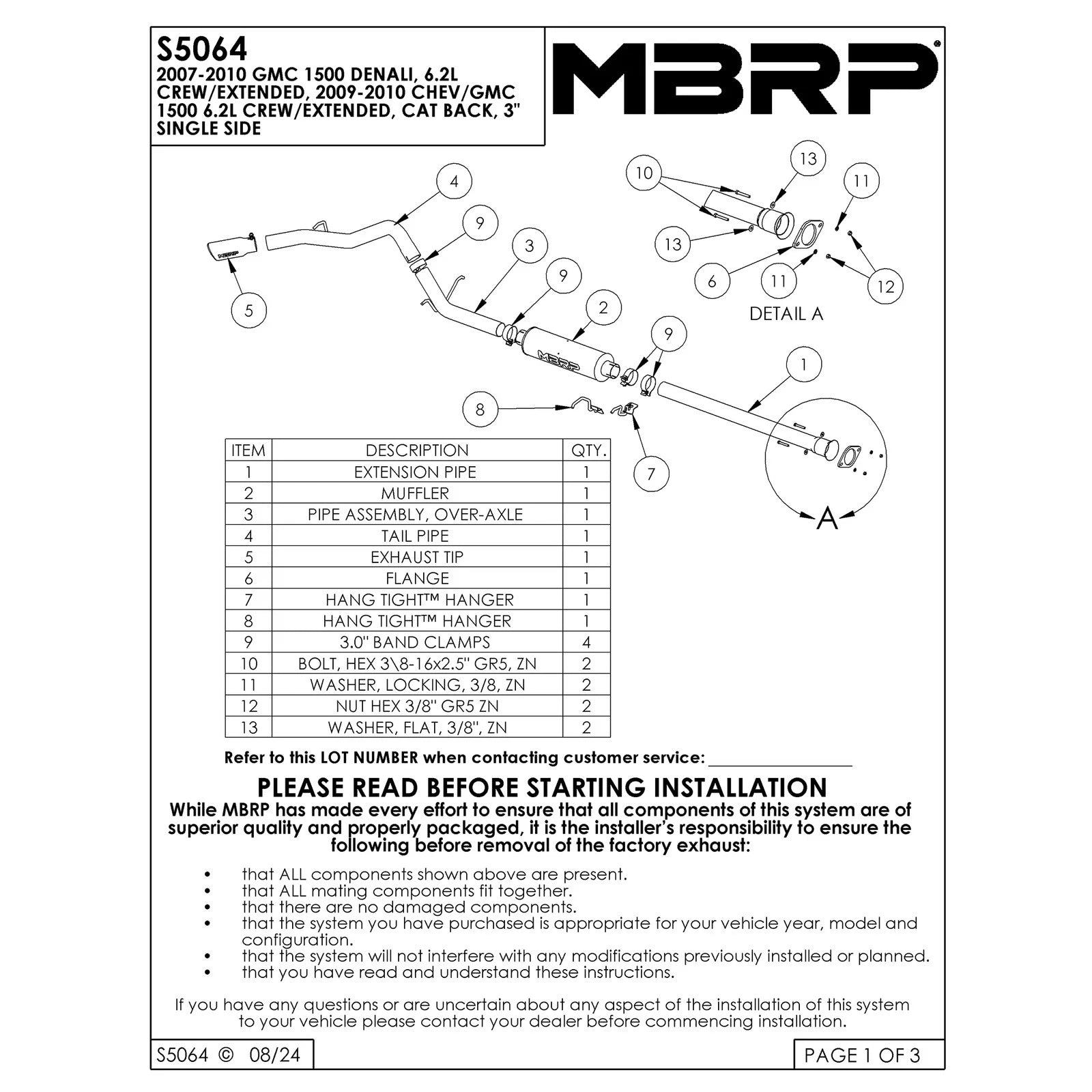 MBRP 3in. Cat-Back Single Side Exit Exhaust | Chevrolet/GMC 1500 Denali (07-09) (S5064AL)