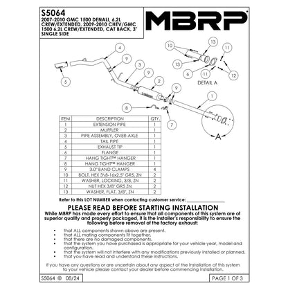 MBRP 3in. Cat-Back Single Side Exit Exhaust | Chevrolet/GMC 1500 Denali (07-09) (S5064AL)