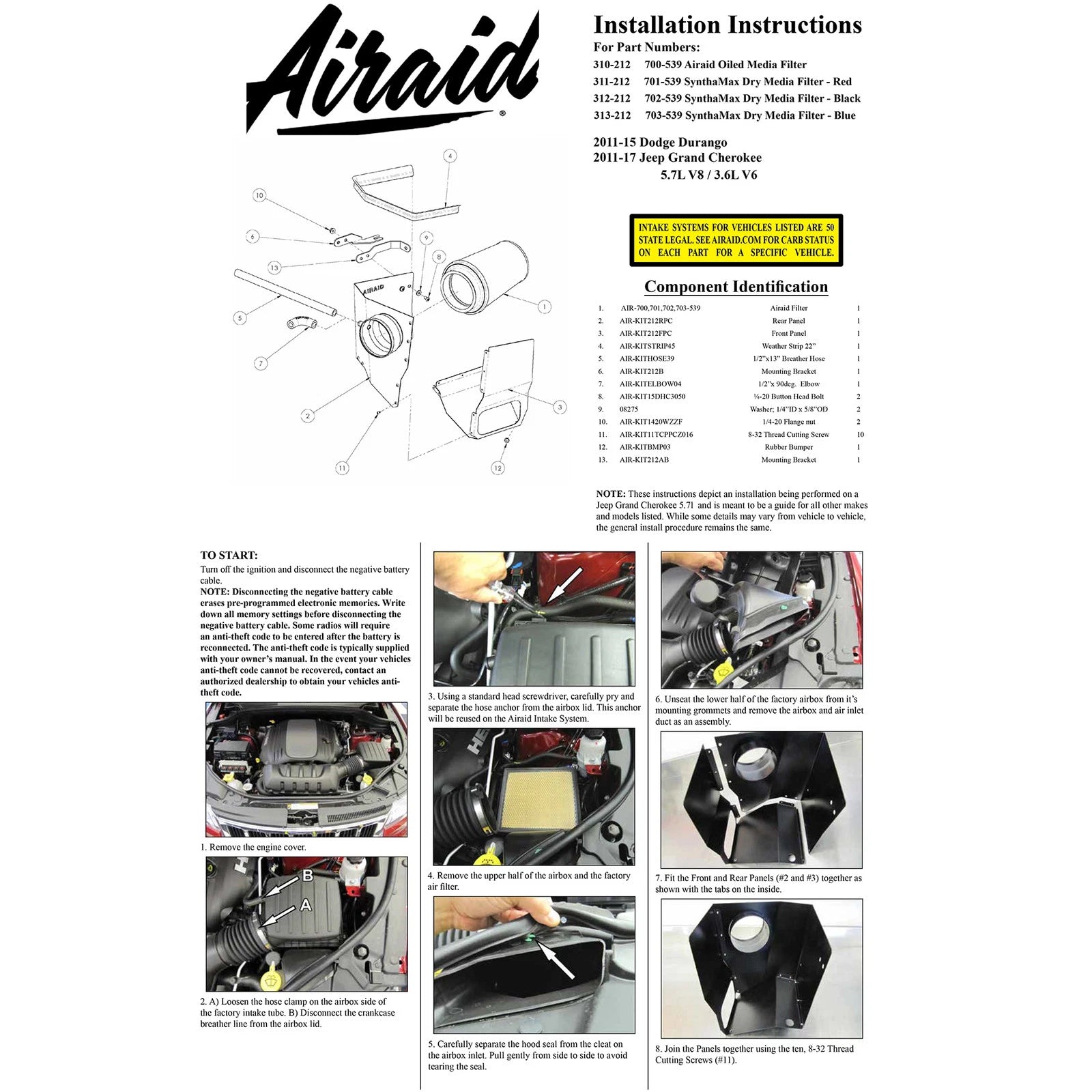 Airaid 11-14 Jeep GC / 11-13 Dodge Durango 3.6/5.7L CAD Intake System w/o Tube | Jeep Grand Cherokee / Dodge Durango (11-14) (311-212)