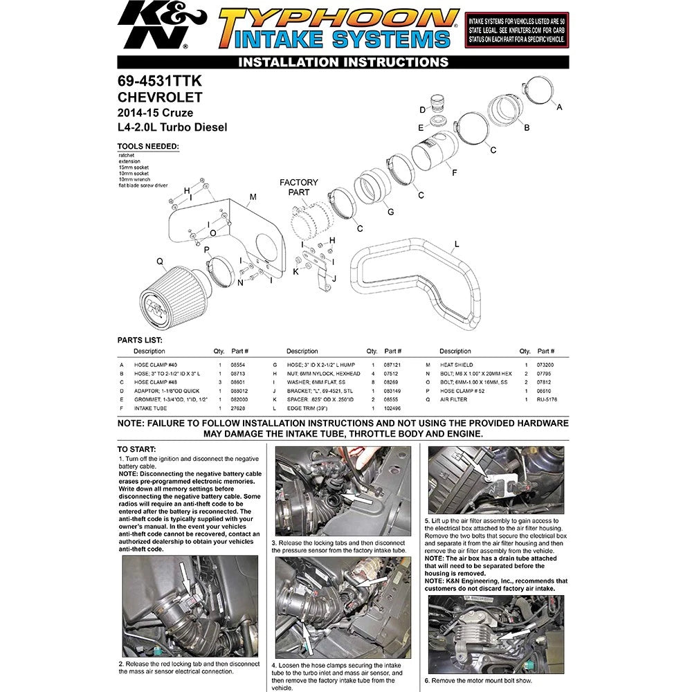 K&N 14-15 Chevrolet Cruze 2.0L L4 Typhoon Performance Intake | Chevrolet Cruze (14-15) (69-4531TTK)