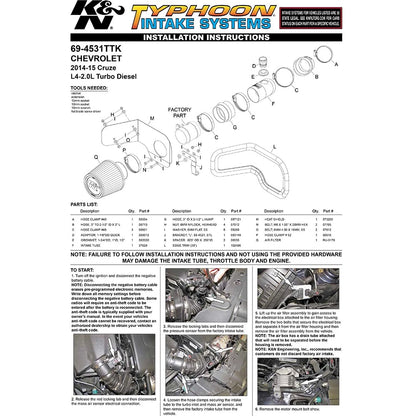 K&N 14-15 Chevrolet Cruze 2.0L L4 Typhoon Performance Intake | Chevrolet Cruze (14-15) (69-4531TTK)