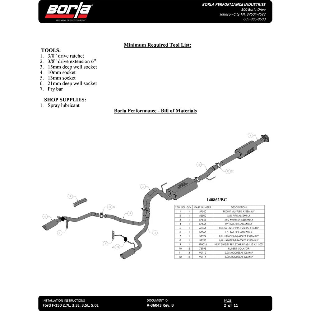 Borla 5.0L 2dr RC SB (122.8 WB) XL/XLT 3/2.25 SRE Cat-Back ATAK Black Chrome Tips | Ford F-150 (21) (140869BC)