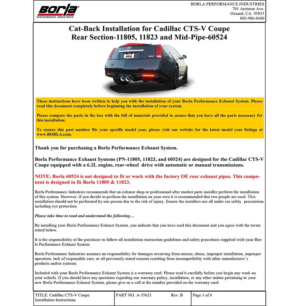 Borla Axle-Back Exhaust System - S-Type | 2011-2015 Cadillac CTS V Coupe 6.2L (11823)