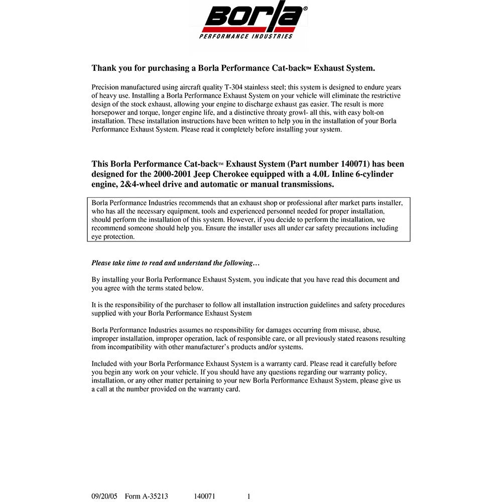 Borla Cat-Back Exhaust System - Touring | 1997-2001 Jeep Cherokee 4.0L (140071)