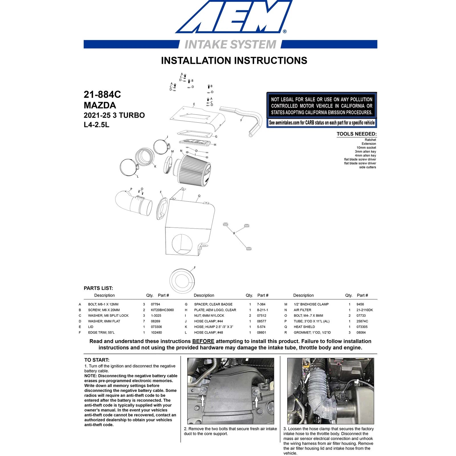 AEM 2.5L L4 Cold Air Intake System | Mazda 3 (21-884c)