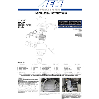 AEM 2.5L L4 Cold Air Intake System | Mazda 3 (21-884c)