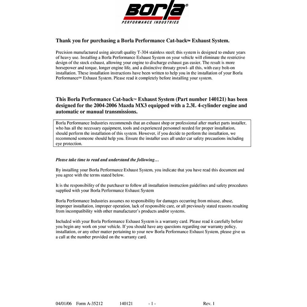 Borla Catback Exhaust | 2004-2009 Mazda 3 (140121)
