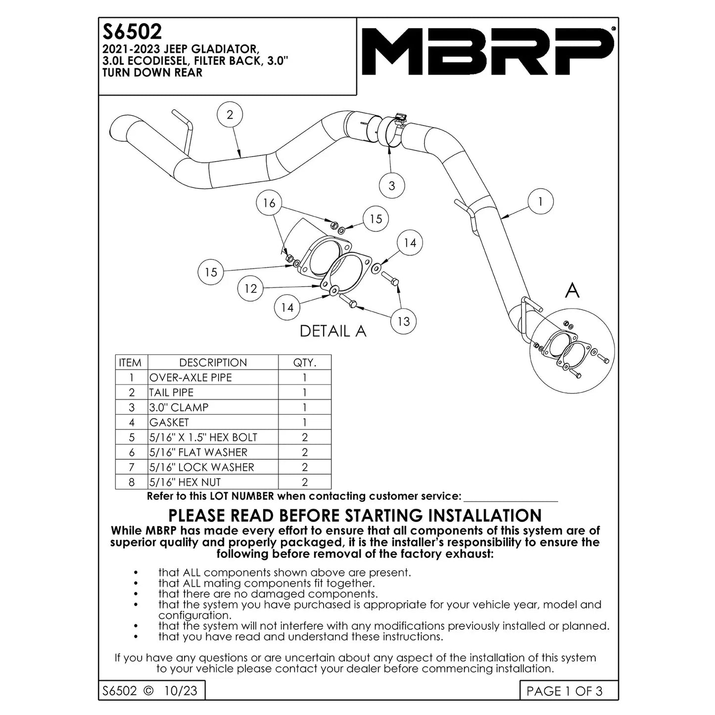 MBRP XP Series T304SS 3in Filter Back w/ Rear Turn Down | Jeep Gladiator JT 19-26 (S6502409)