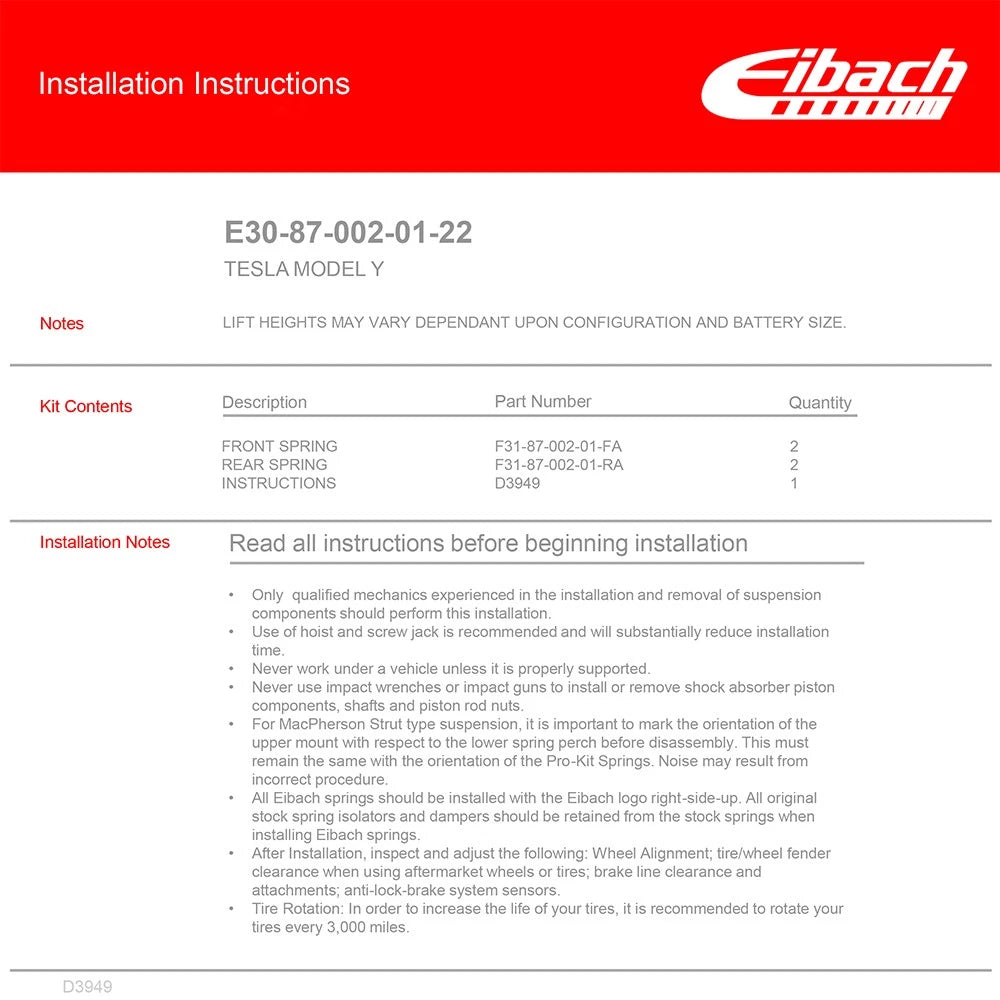 Eibach Pro-Lift-Kit Springs for 2020-2023 Tesla Model Y AWD (CUV)