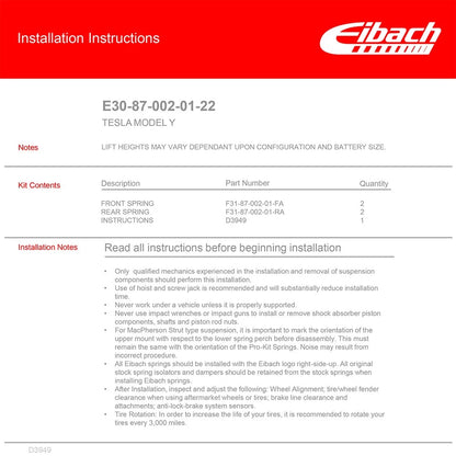 Eibach Pro-Lift-Kit Springs for 2020-2023 Tesla Model Y AWD (CUV)