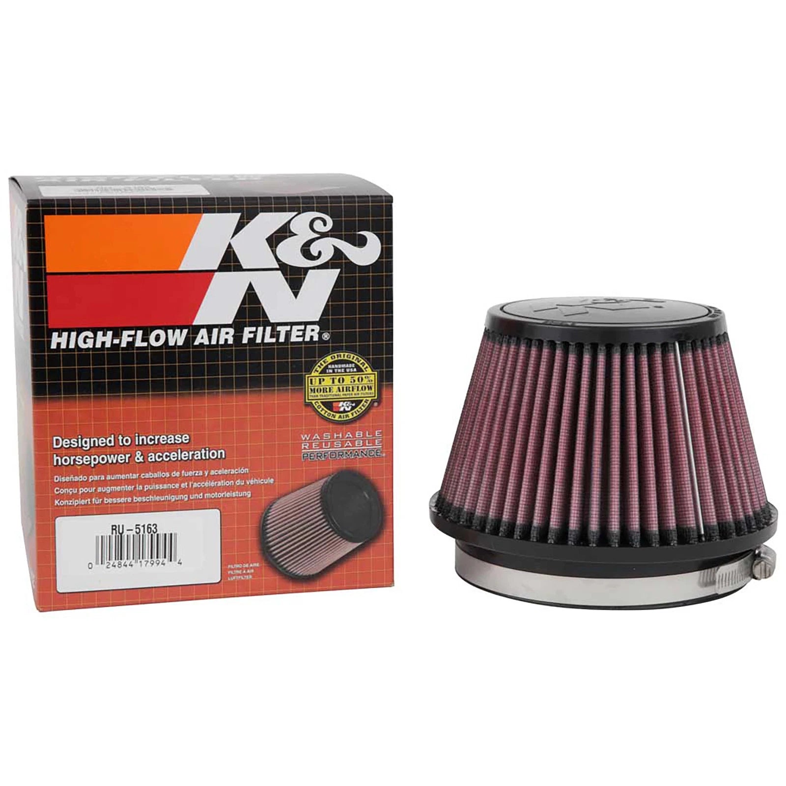 K&N RU-5163 Universal Round Tapered Performance Washable Air Filter for Intake