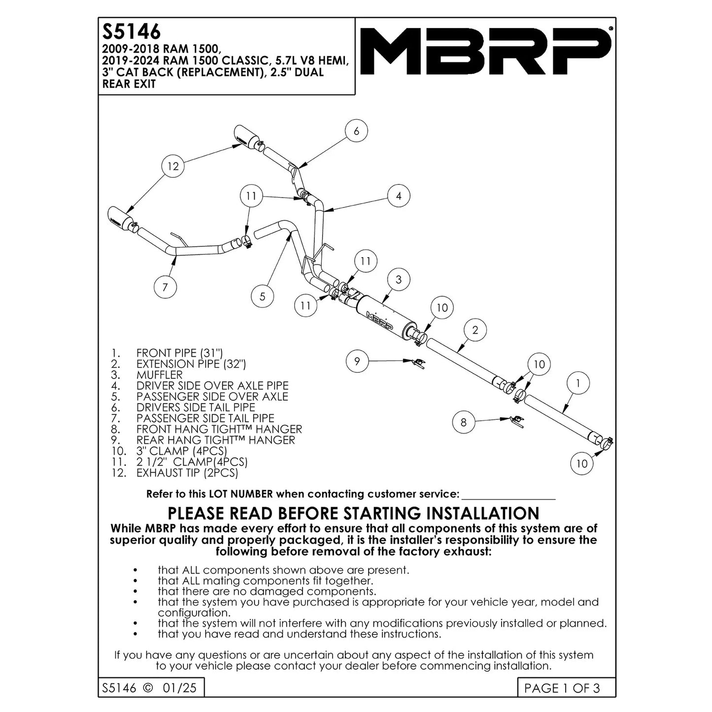 MBRP 3in. Cat-Back Exhaust w/ 2.5in. Dual Split Rear Exit T304 | Dodge Ram 1500 5.7L (09) (S5146304)