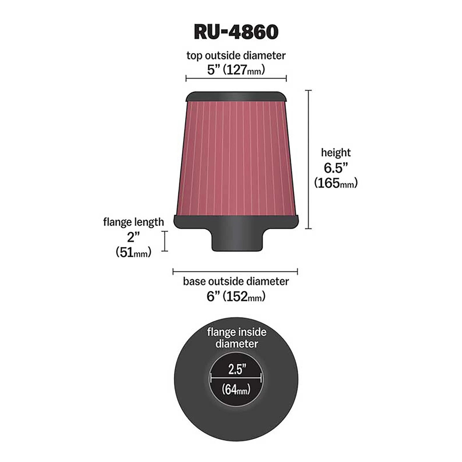 K&N RU-4860 Universal Round Tapered Performance Washable Air Filter for Intake