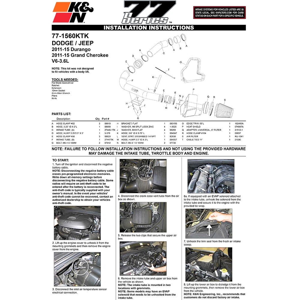 K&N High Flow Intake Kit 3.6L V6 Jeep/Chrysler/Dodge (77-1560KTK)