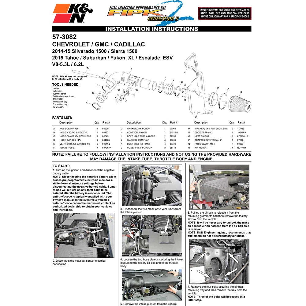 K&N Performance Intake Kit | Chevy/GMC 1500 V-8 5.3/6 2L (14-15) (57-3082)
