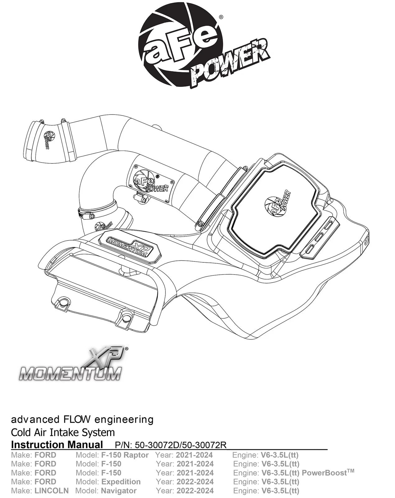 aFe Momentum XP Cold Air Intake w/ Pro Dry S Filter | Ford F-150 Raptor V6 3.5L (21-22) (50-30072D)