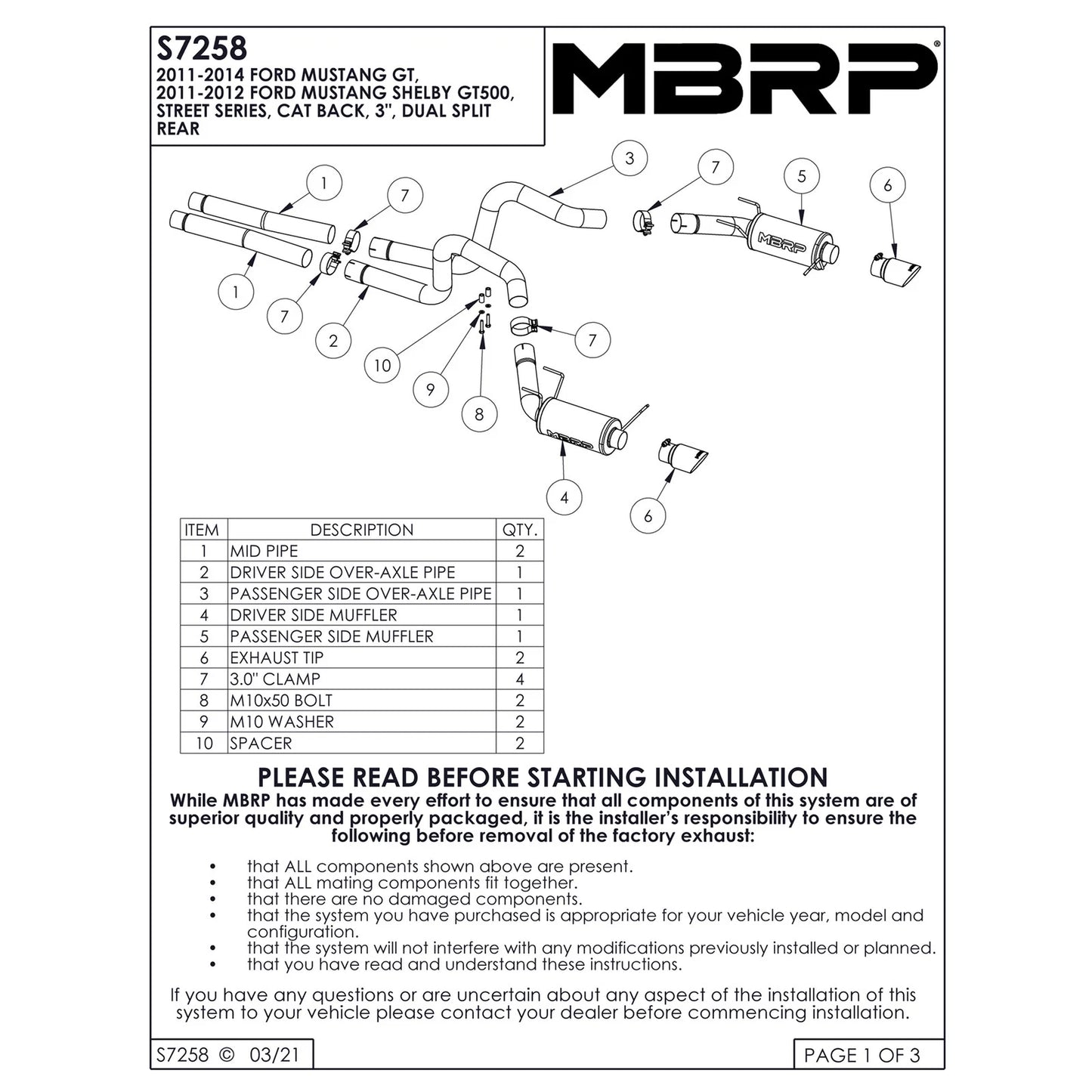 MBRP 3in Cat-Back D&S Rear Street Exhaust w/ 4in Tips - Black | Ford Mustang GT (11-14) (S7258BLK)