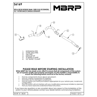 MBRP 3.5in Filter Back Exhaust Single Side Exit T409 | Dodge Ram 1500 3.0L EcoDiesel (14) (S6169409)
