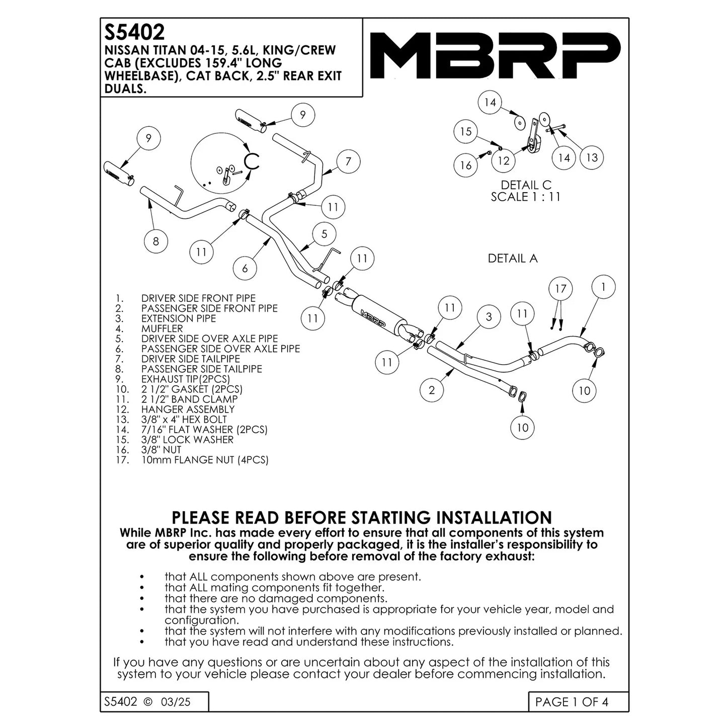 MBRP 2.5in. Cat-Back Dual Split Rear Exit Exhaust | Nissan Titan 5.6L EC/CC (04-09) (S5402409)