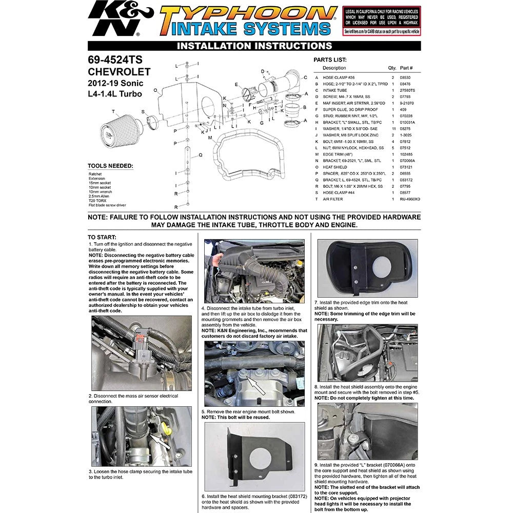 K&N 12mm Performance Cold Air Intake | Chevrolet Sonic (14) (69-4524TS)