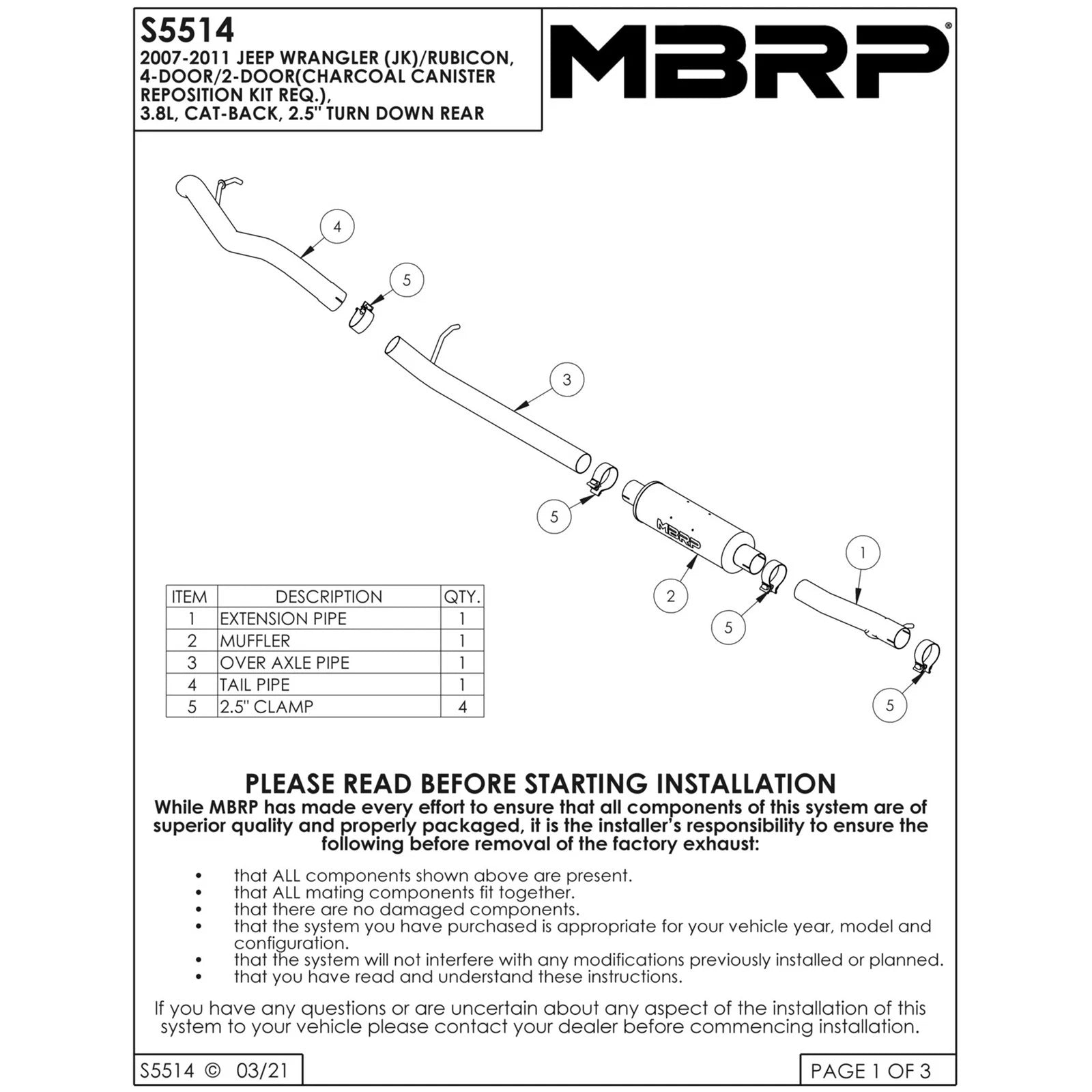 MBRP 2.5in Cat-Back Muffler Before Axle Off-Rd Tail Pipe | Jeep JK 3.8L V6 (07-11) (S5514409)