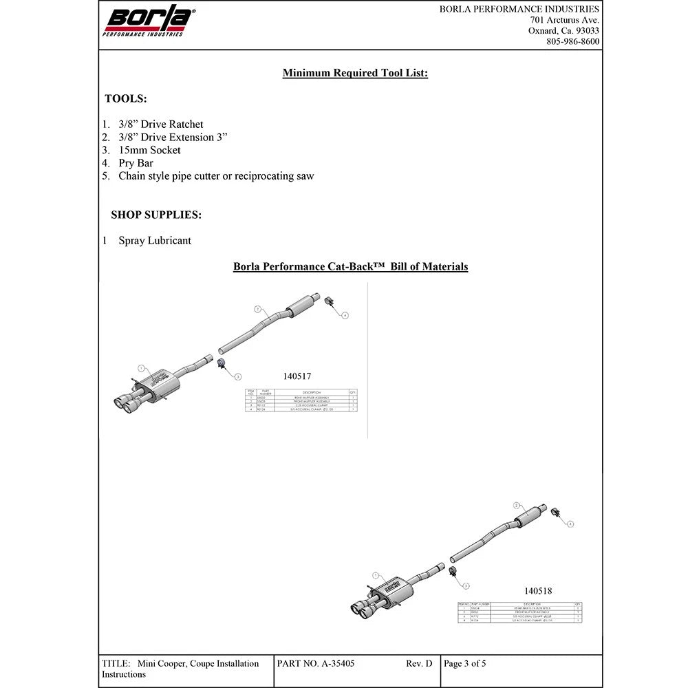 Borla Catback Exhaust S-Type | 2007-2014 Mini Cooper S (140517)