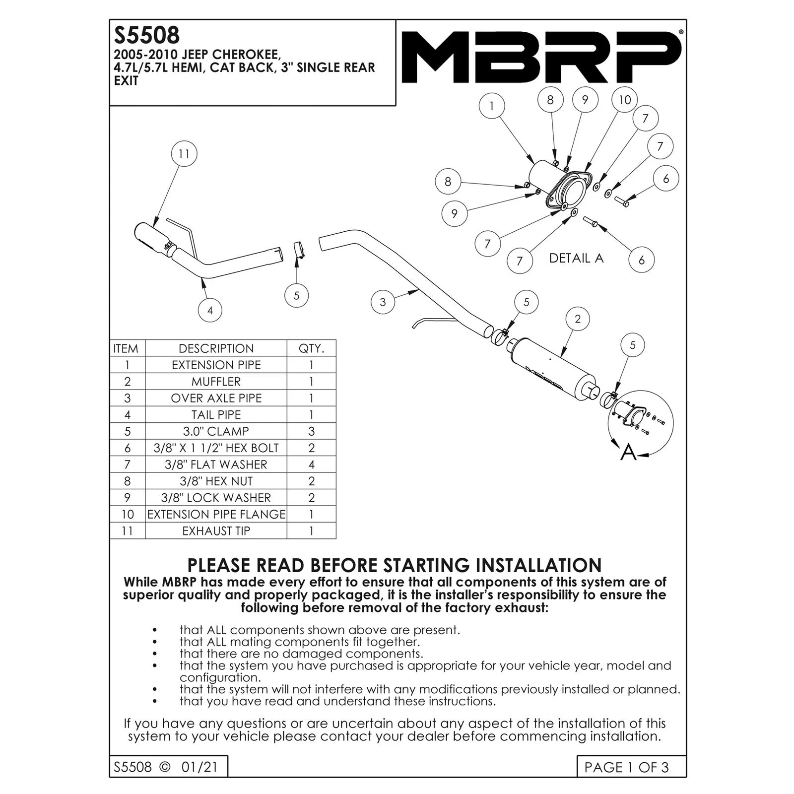 MBRP 3in. Cat-Back Single Rear Exit Exhaust | Jeep Grand Cherokee 4.7L/5.7L Hemi (05-08) (S5508409)