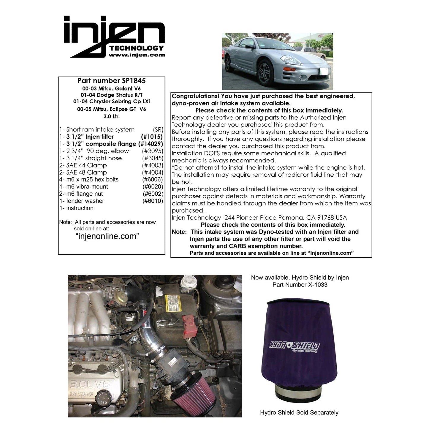 Injen Polished Short Ram Intake | Mitsubishi Eclipse Galant Sebring Stratus (SP1845P)