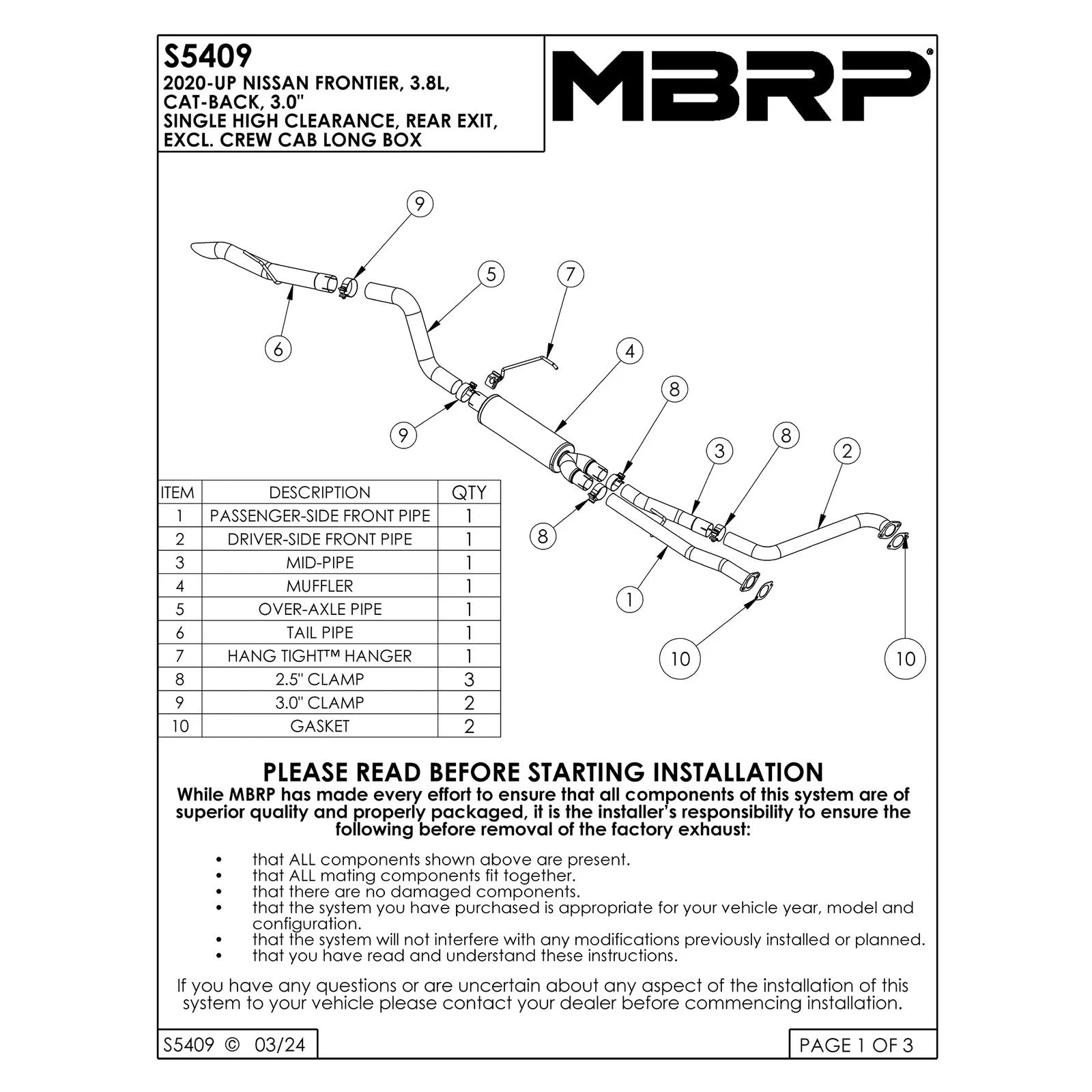 MBRP 3in Tip 3in Cat Back Turndown Exit Street Profile | Nissan Frontier (22-23) 3.8L (S5409AL)