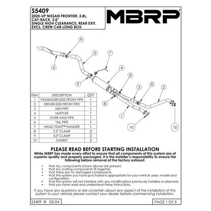 MBRP 3in Tip 3in Cat Back Turndown Exit Street Profile | Nissan Frontier (22-23) 3.8L (S5409AL)