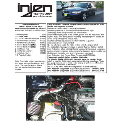 Injen Polished Short Ram Cold Air Intake System | Honda Accord 4 Cyl. (98-02) (IS1670P)