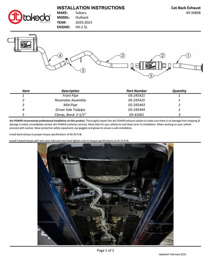 aFe Takeda 2.5in 304 SS Cat-Back Exhaust Subaru Outback 20-24 (49-36808)