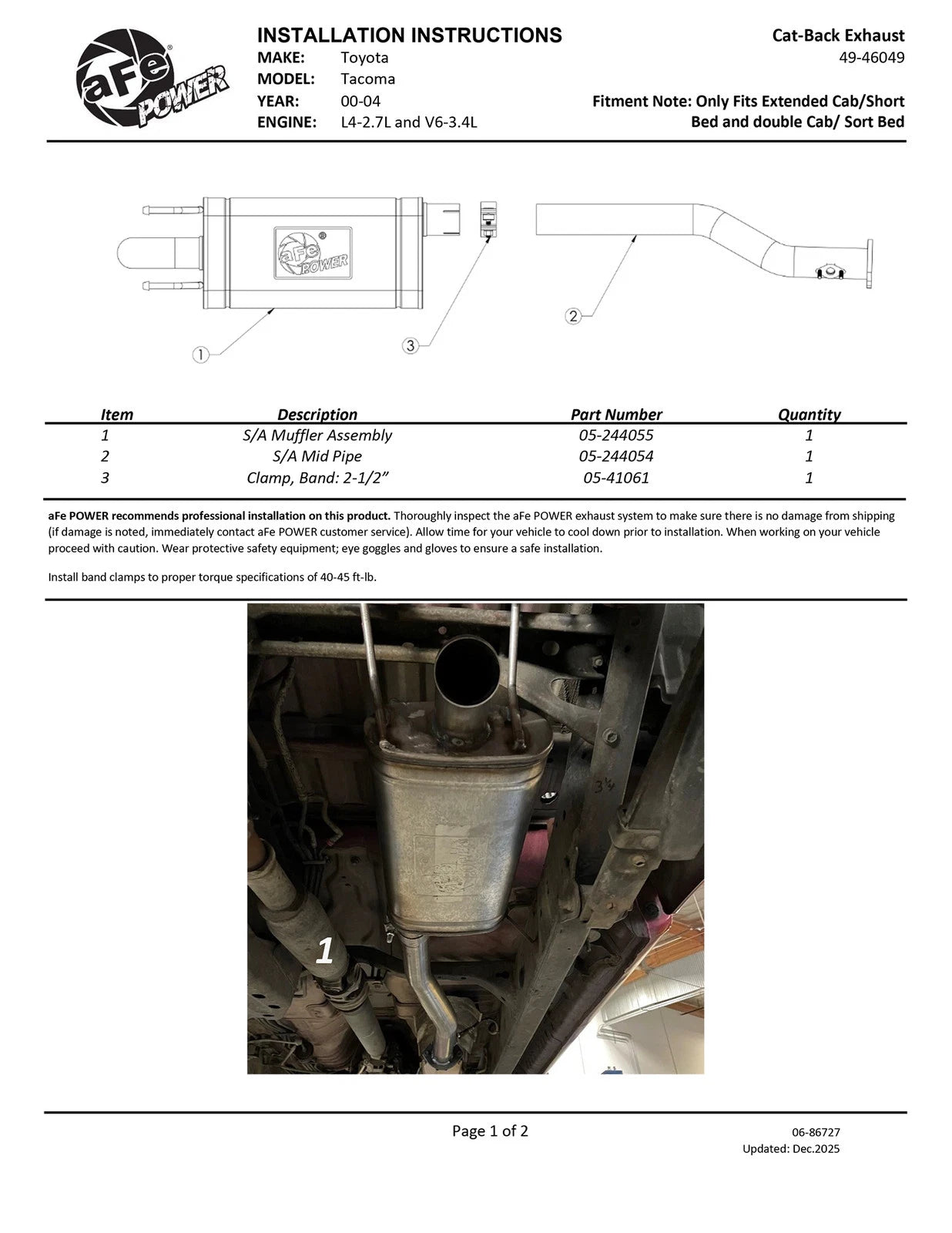 aFe 2.5in 409 SS Cat-Back Exhaust | Tacoma L4-2.4L/3.4L (99-04) (49-46049)