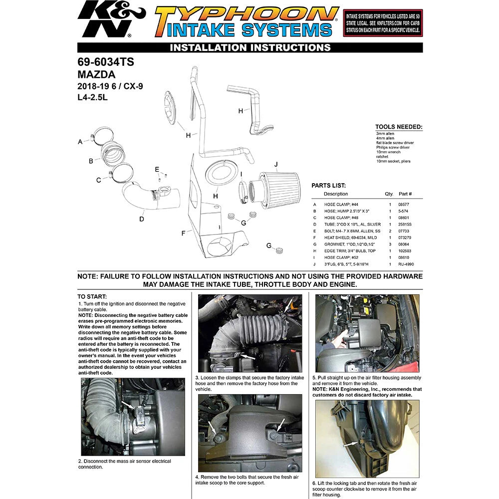 K&N Typhoon Air Intake | 2018-2019 Mazda 6 / CX-9 2.5T (69-6034TS)