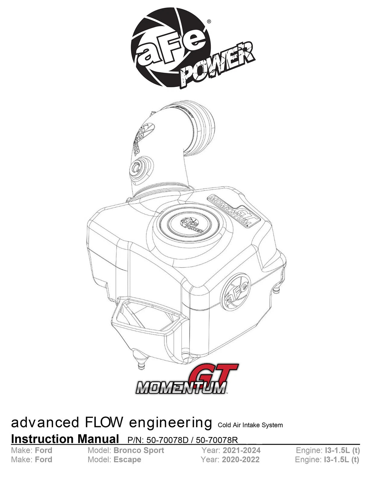 aFe 2021 Ford Bronco Sport L3-1.5L Momentum GT Cold Air Intake w/ Pro DRY S Filter (50-70078D)