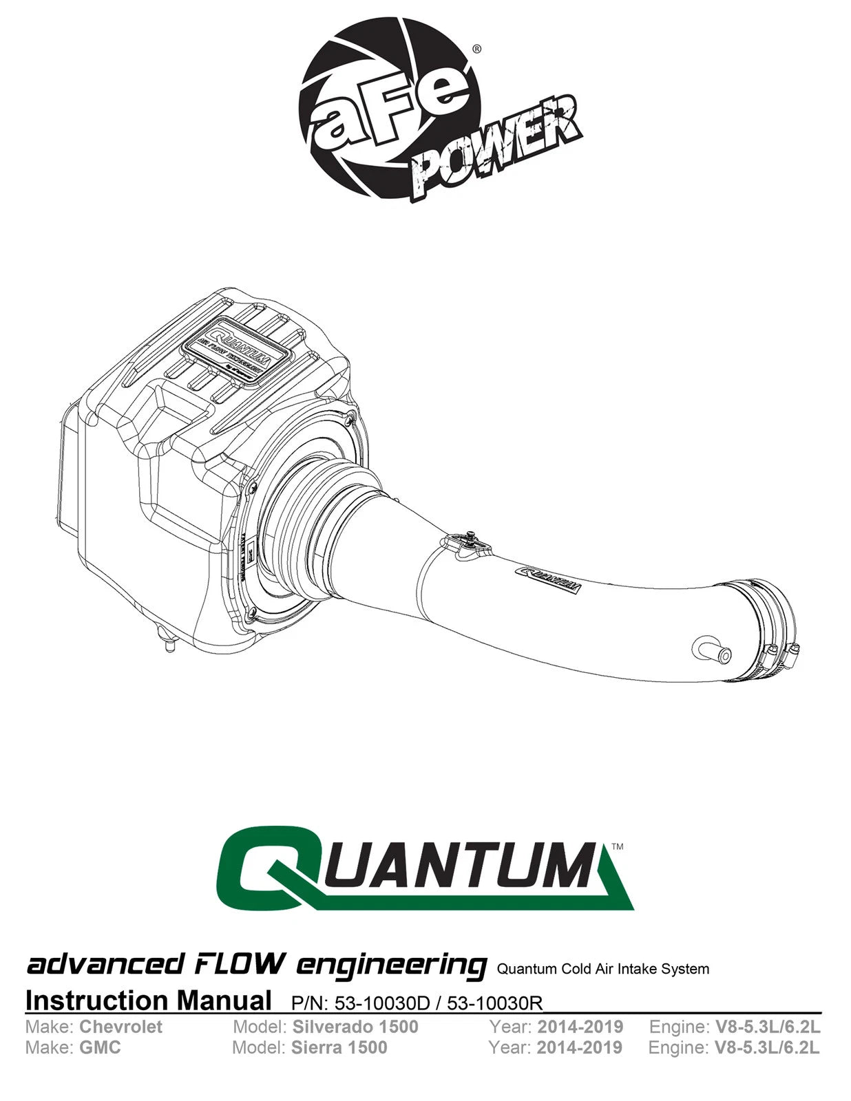 aFe Quantum Cold Air Intake w/ Pro Dry S Media | GM Silverado/Sierra 1500 V8-5.3/6.2L (14-19) (53-10030D)