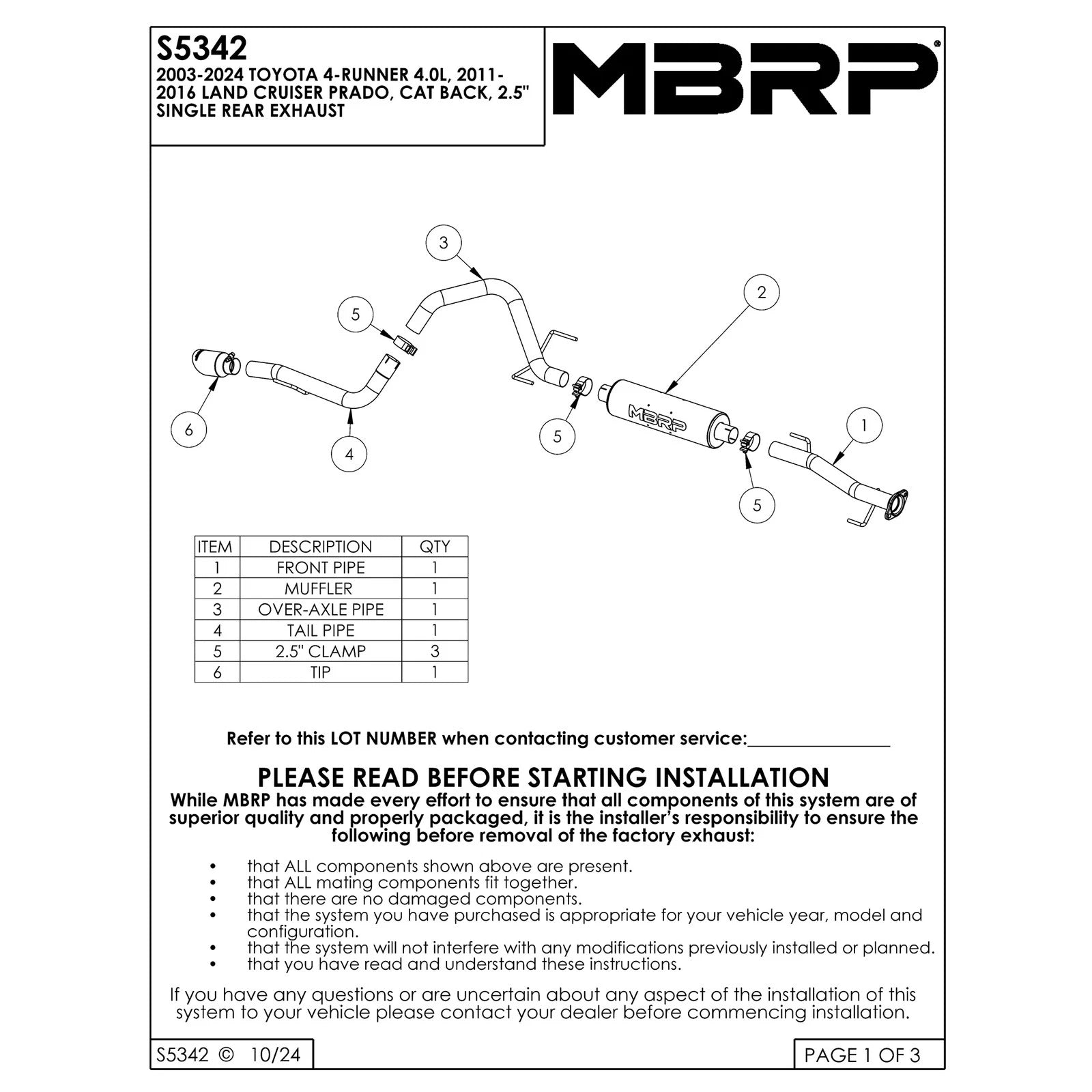 MBRP 2.5in Cat-Back Exhaust w/ 4in O.D. AL Tip Single Rear Exit | Toyota 4Runner (10+) (S5342AL)