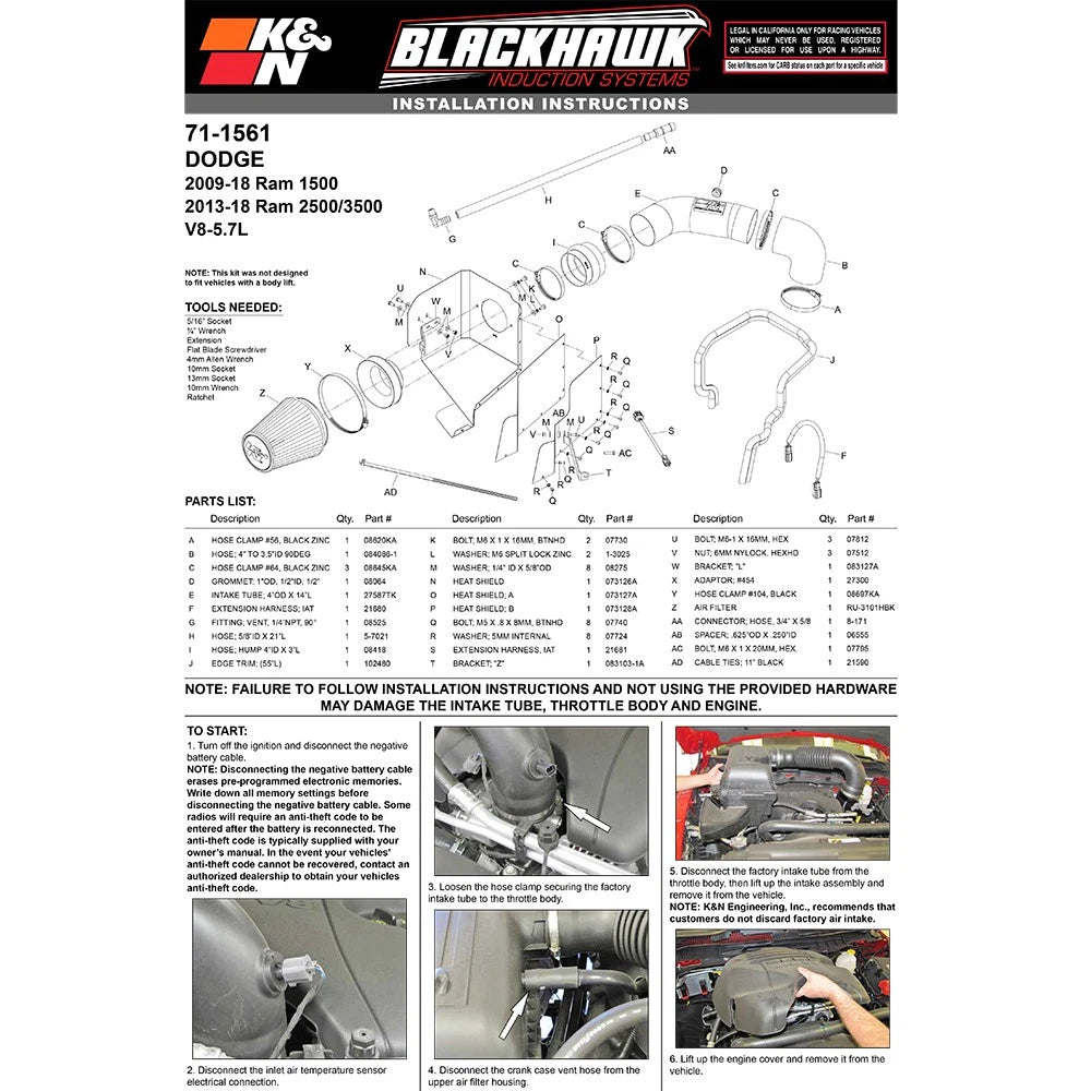 K&N Performance Intake Kit | 2009-2019 Dodge Ram 1500 (71-1561)