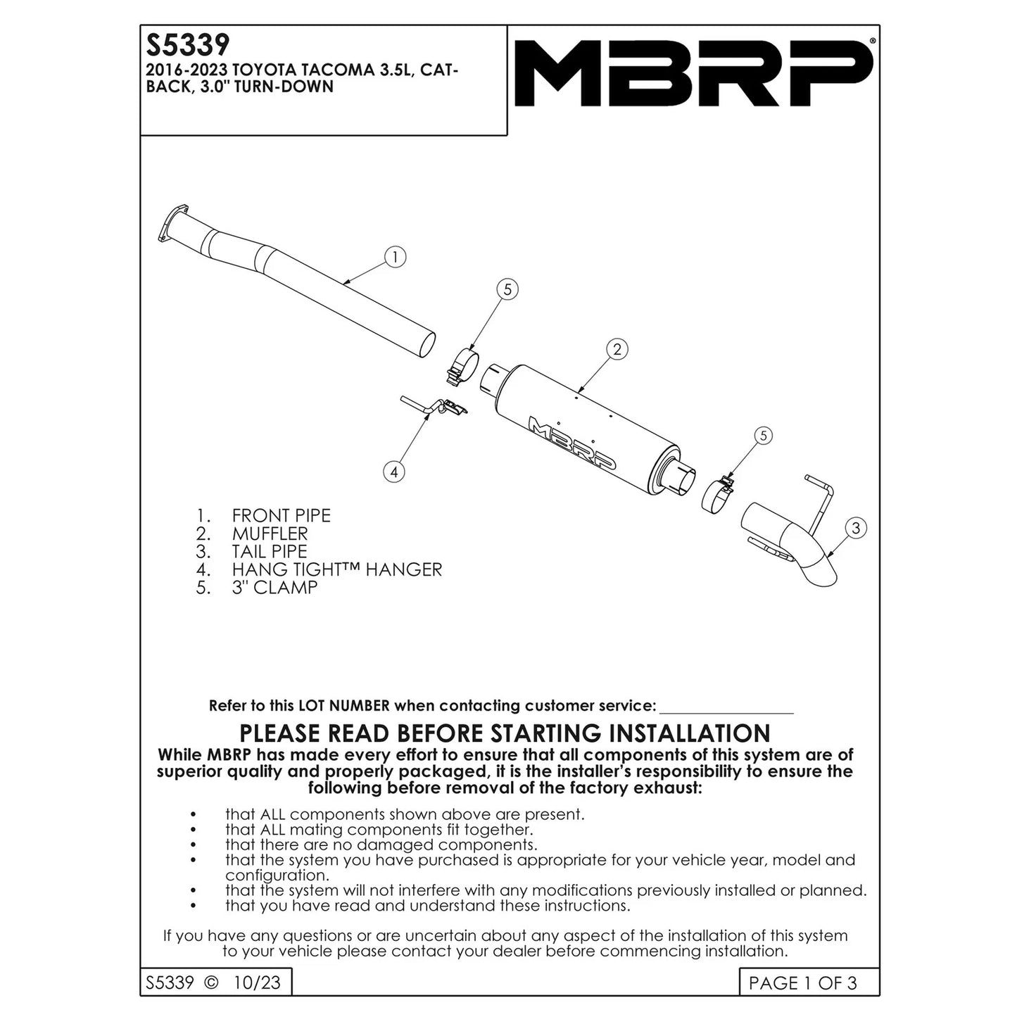 MBRP Armor Plus Cat Back Turn Down Style T409 Exhaust System | Toyota Tacoma 3.5L (16) (S5339409)
