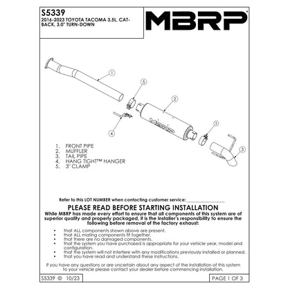 MBRP Armor Plus Cat Back Turn Down Style T409 Exhaust System | Toyota Tacoma 3.5L (16) (S5339409)