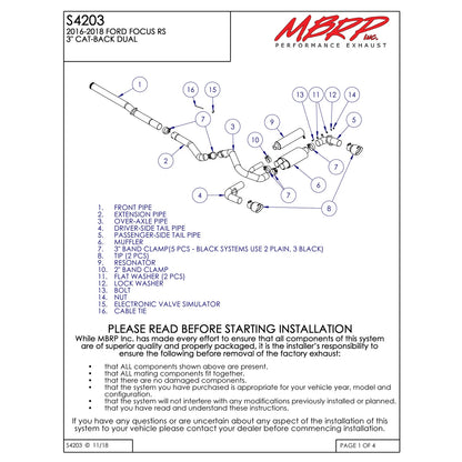 MBRP 3in Dual Outlet T409 Stainless Steel Cat-Back Exhaust | Ford Focus RS (16+) (S4203409)