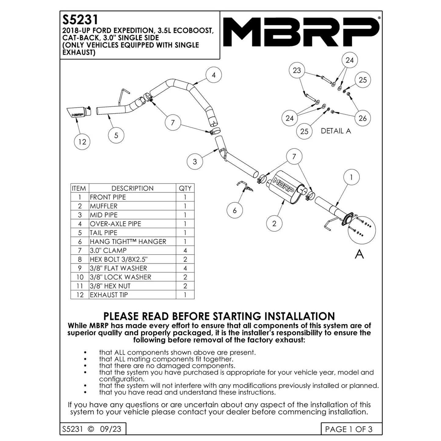 MBRP 3in Aluminized Steel Cat-Back Single Side | Ford Expedition 3.5L EcoBoost (18-21) (S5231AL)